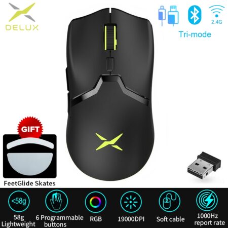 Delux m800 pro paw3370 óptico bluetooth sem fio gaming mouse 19000 dpi programável recarregável ergonômico com fio ratos para pc